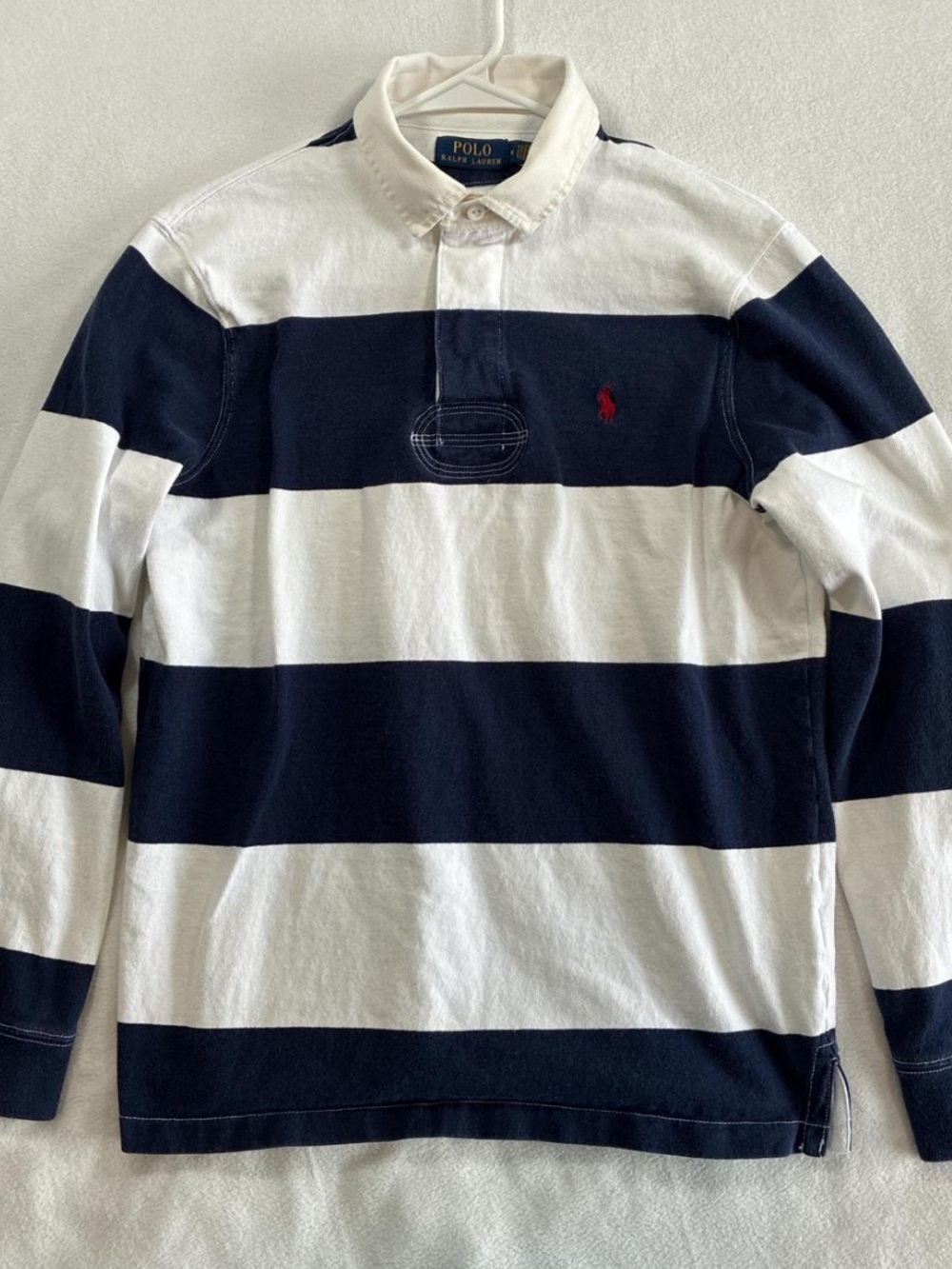 Polo Ralph Lauren White and Navy Striped Rugby Long Sleeve Shirt